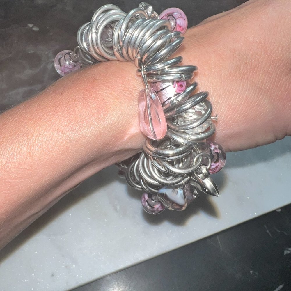 Boho Chunky Heavy Silver Murano Glass Charm Bracelet